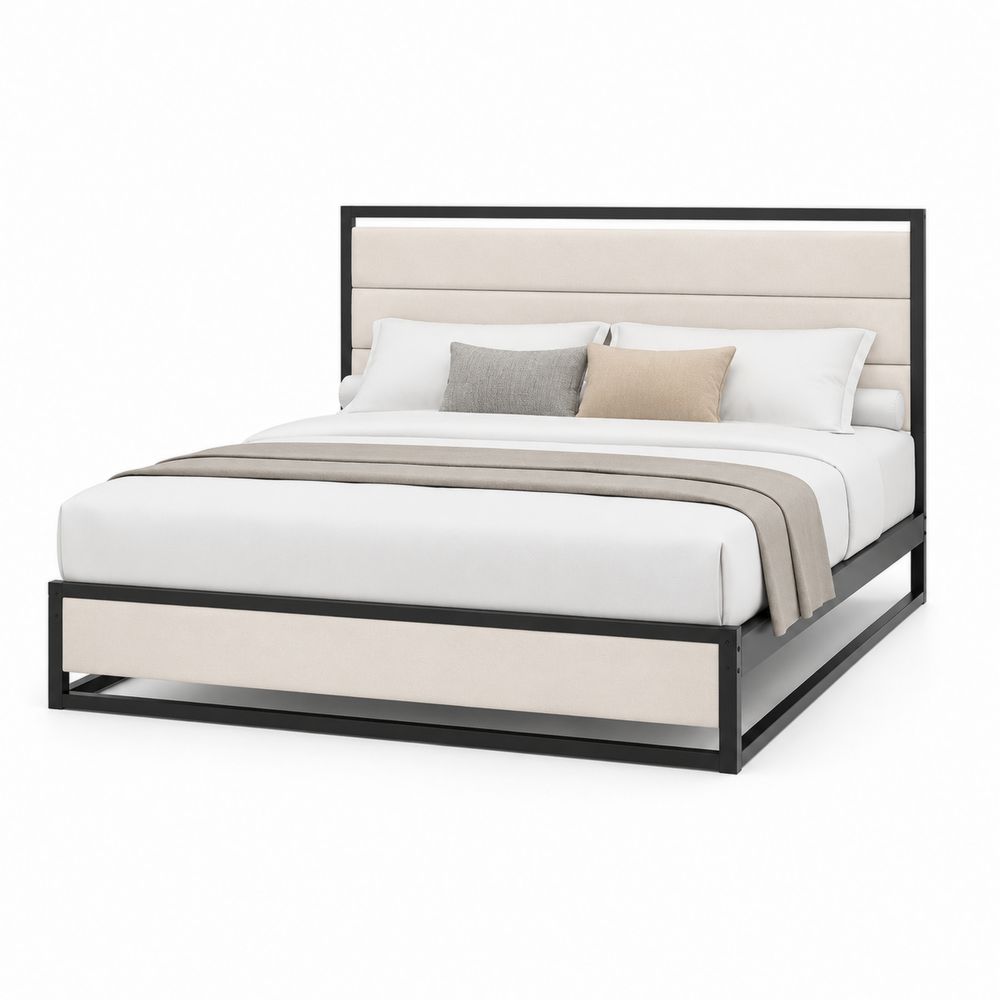 Lit double en métal avec tête de lit en tissu 160x200 cm Beige et Noir