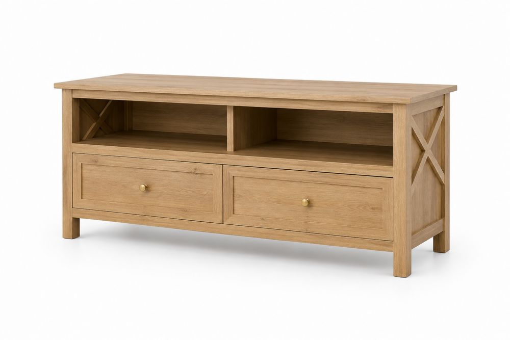 Meuble TV en Bois de Chêne avec Tiroirs et Étagères