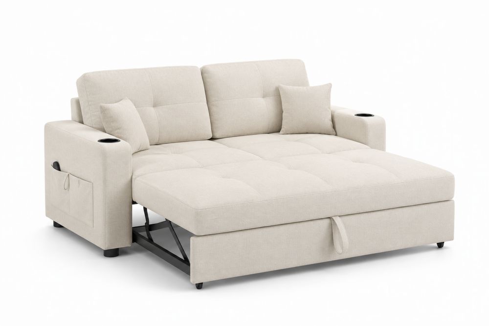 Canapé-lit d'angle en bois et métal avec revêtement en polyester beige