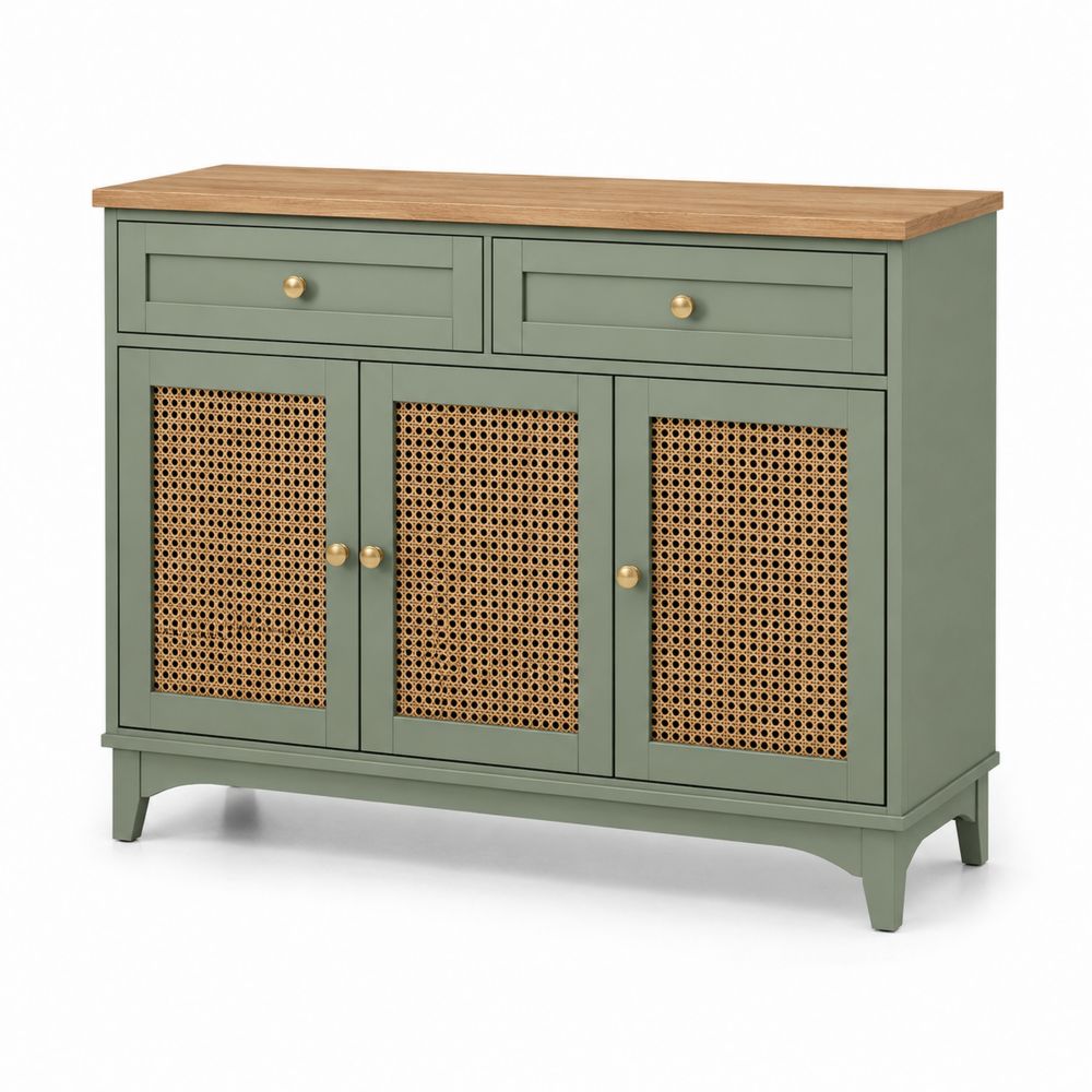 Buffet en bois avec portes en rotin et tiroirs Vert/Naturel