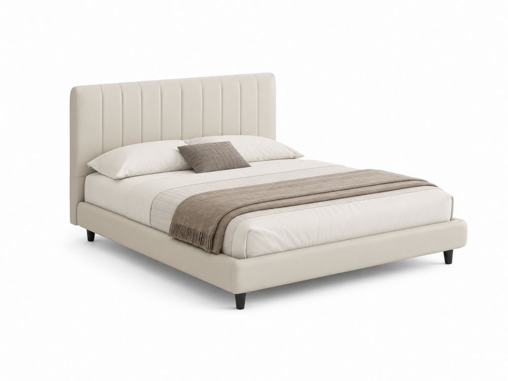 Lit double en similicuir beige avec matelas et oreillers