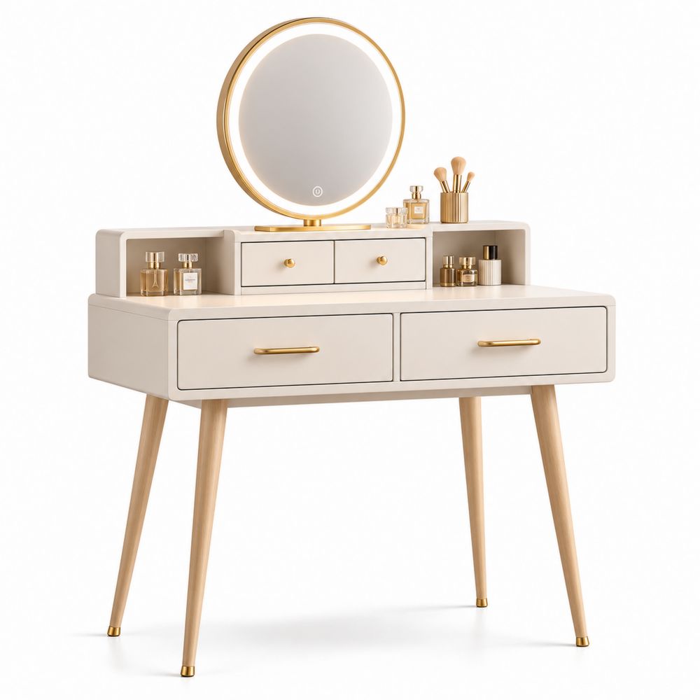 Coiffeuse en bois avec miroir rond LED et pieds en bois clair