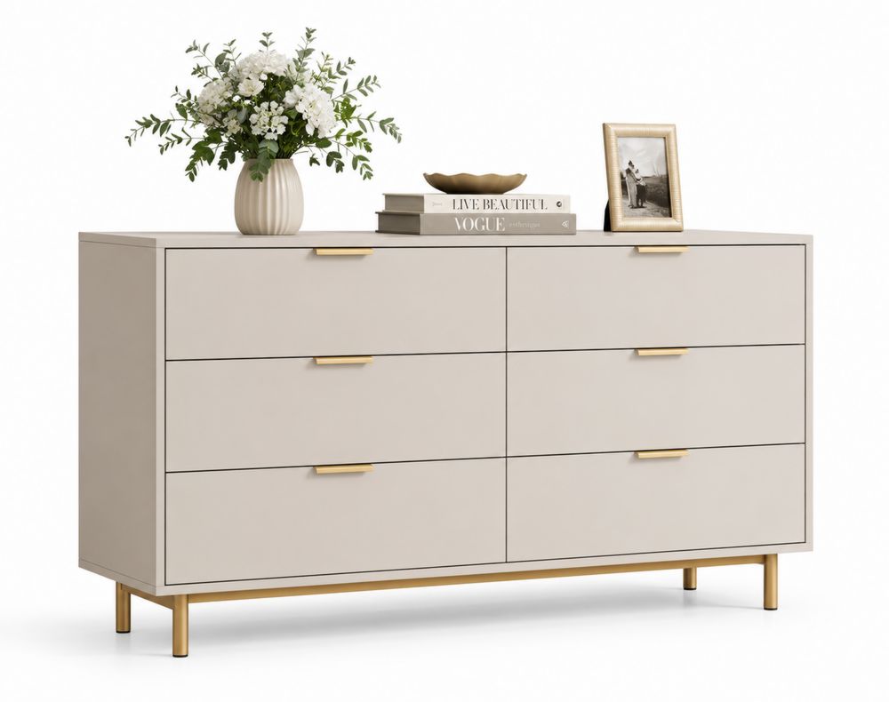 Commode 6 tiroirs en bois MDF et métal Beige