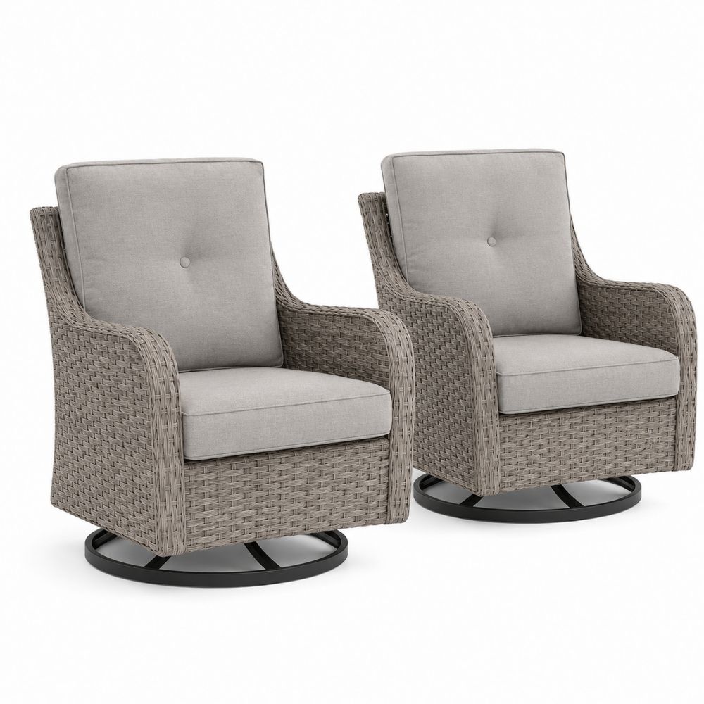 Paire de chaises pivotantes d'extérieur en rotin avec coussins gris