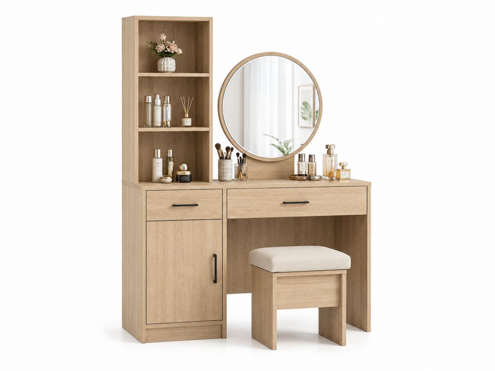 Coiffeuse en Bois Chêne Clair avec Miroir et Tabouret