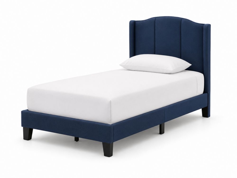 Lit simple tissu bleu avec tête de lit incurvée