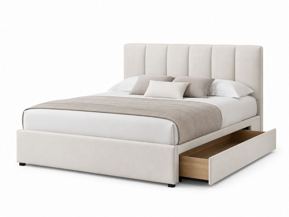 Lit double avec tiroirs en tissu et bois Beige 200x160 cm