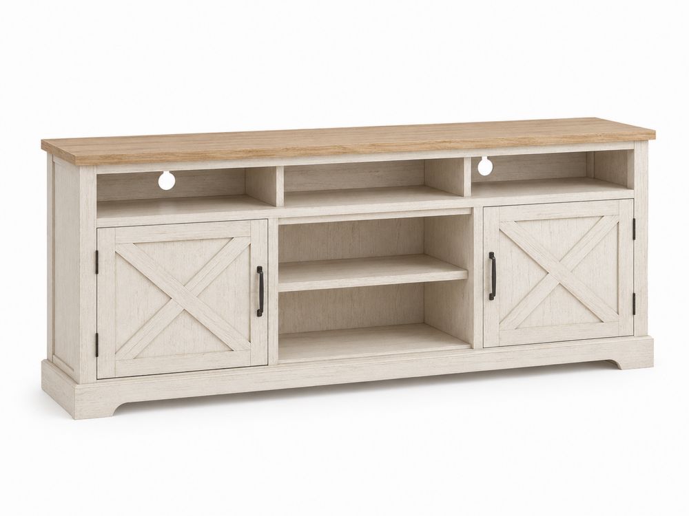 Meuble TV en bois et chêne 2 portes 4 étagères Blanc/Chêne