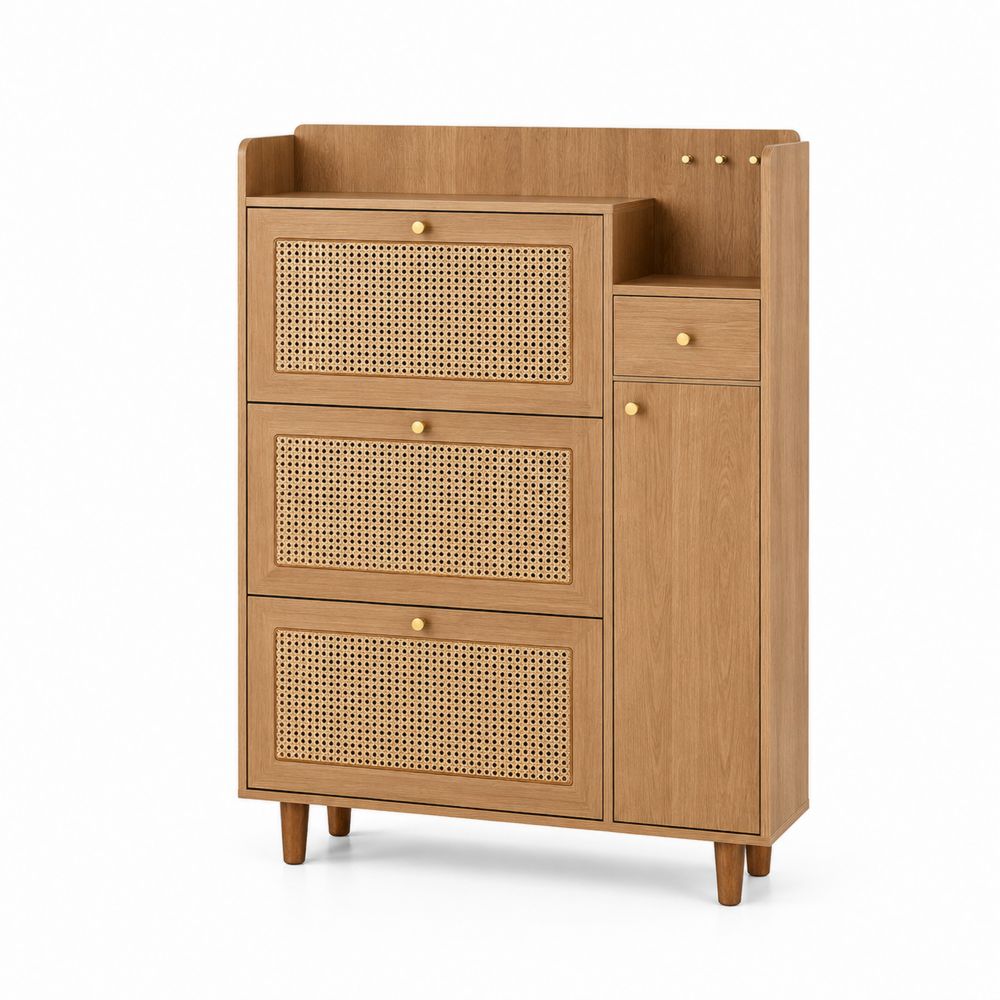 Buffet de rangement en chêne et rotin, 120 cm x 80 cm x 35 cm