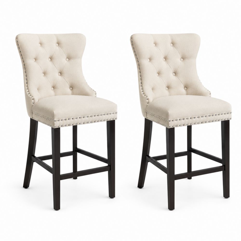Tabourets de bar en bois et polyester beige avec clous décoratifs, set de 2