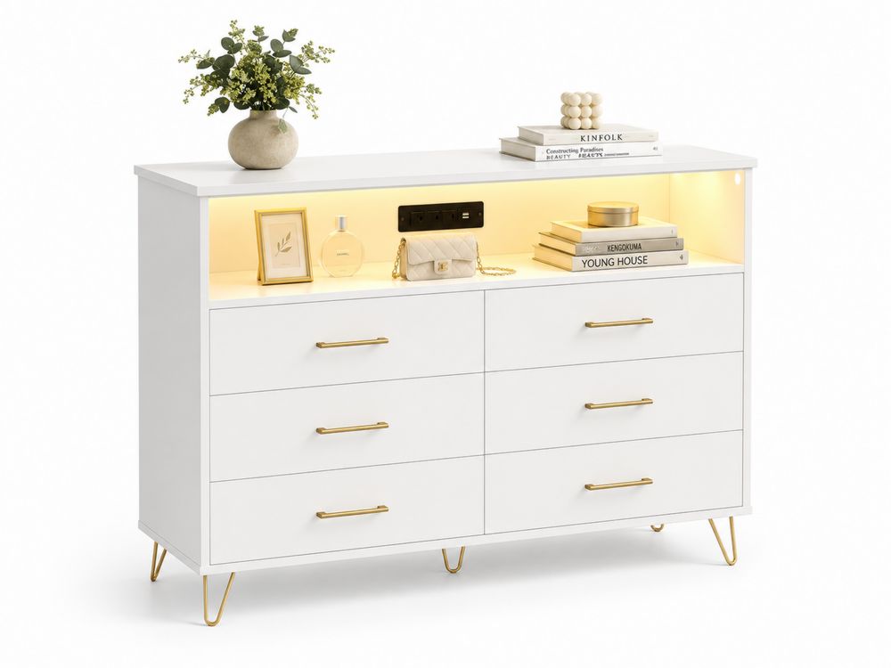 Commode 6 tiroirs MDF blanc avec éclairage LED et poignées dorées