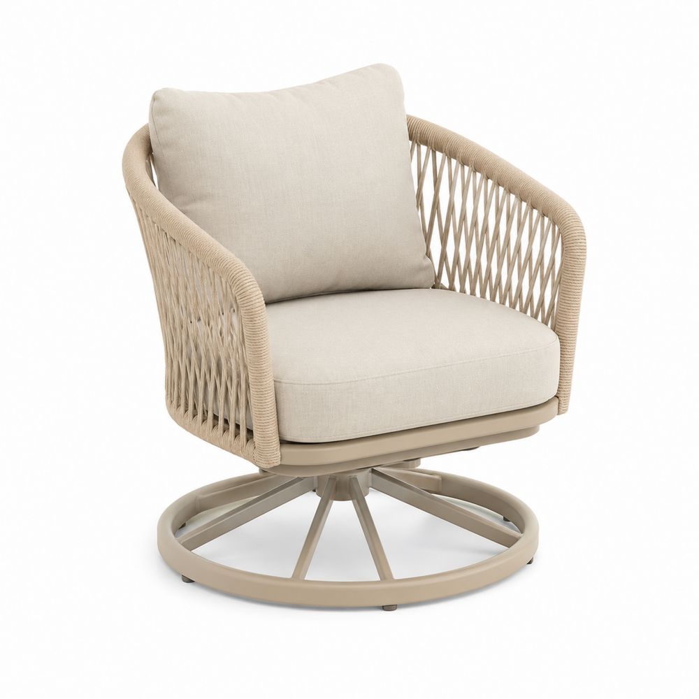 Chaise pivotante en métal avec coussins en tissu beige