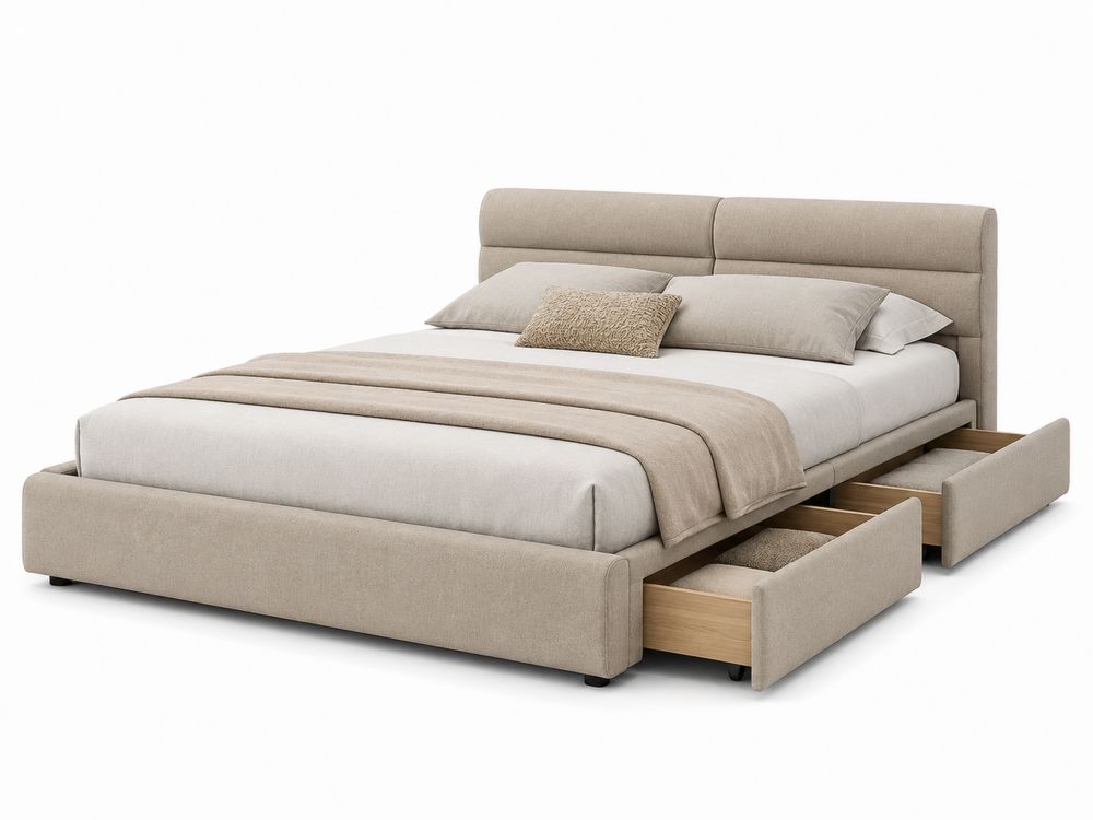 Lit en Tissu Beige avec Tête de Lit et Tiroirs