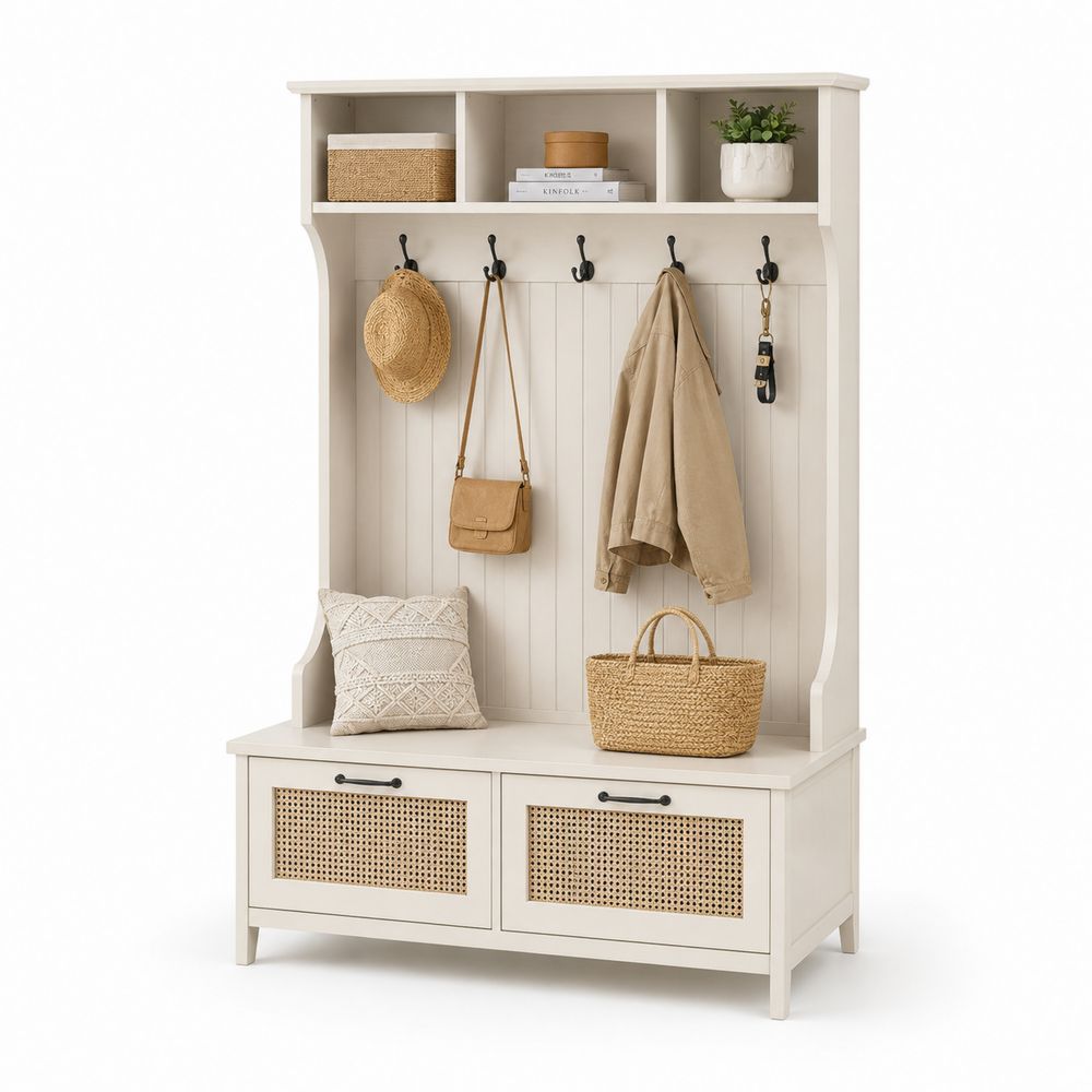 Portemanteau en bois avec banc et étagères en Bois Beige