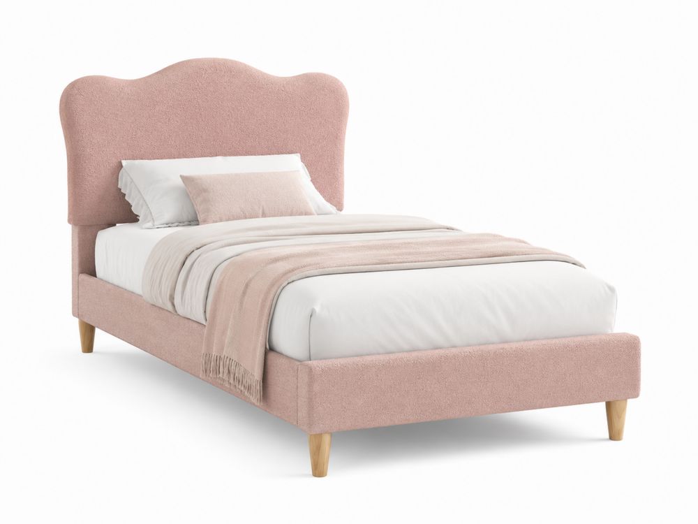 Lit simple en tissu rose avec tête de lit incurvée
