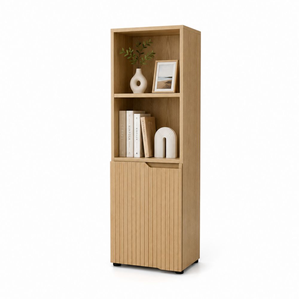 Bibliothèque étagère en bois de chêne clair avec portes