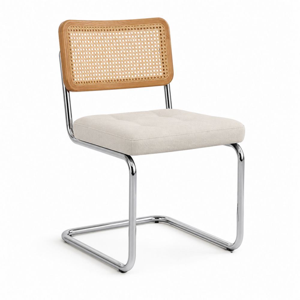 Chaise en rotin et tissu avec cadre en acier chromé