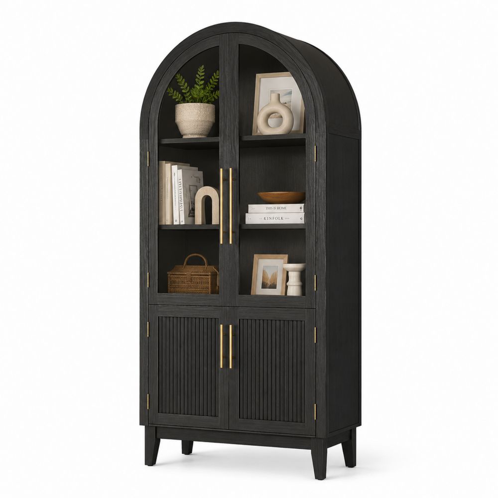 Armoire de rangement en bois noir avec portes en verre et étagères