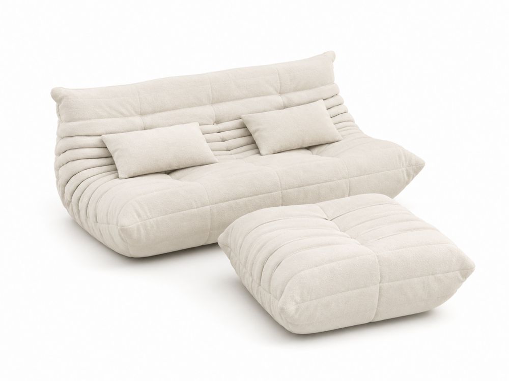 Canapé en tissu beige avec pouf