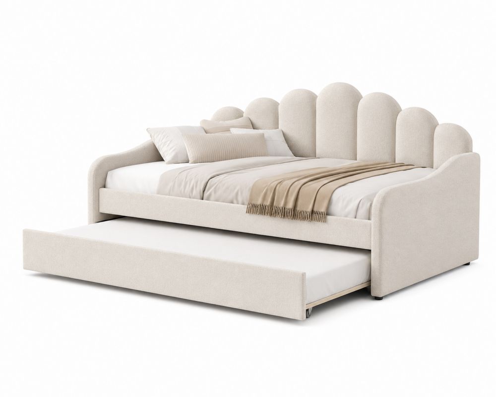 Lit gigogne en bois avec revêtement en polyester beige 200x90 cm