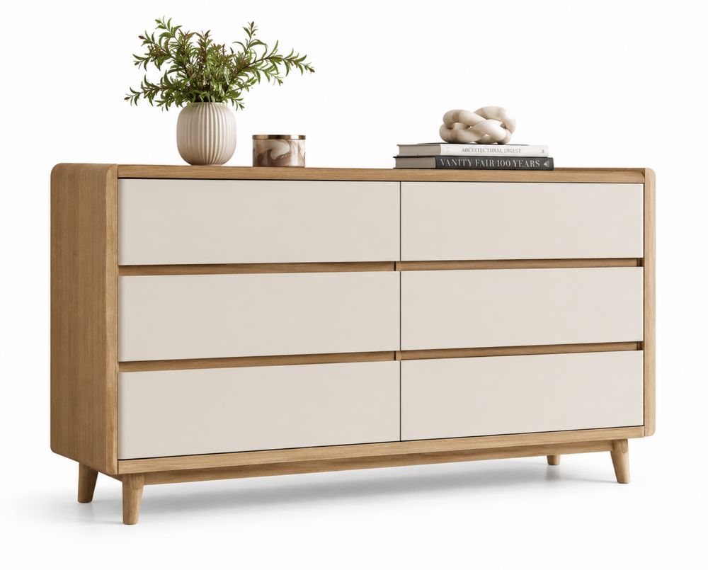 Commode en Bois avec 6 Tiroirs Chêne Clair et Crème