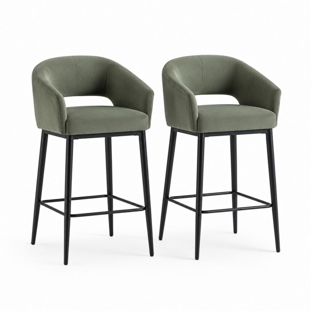Ensemble de 2 tabourets de bar en tissu polyester avec cadre en métal Noir Vert Olive