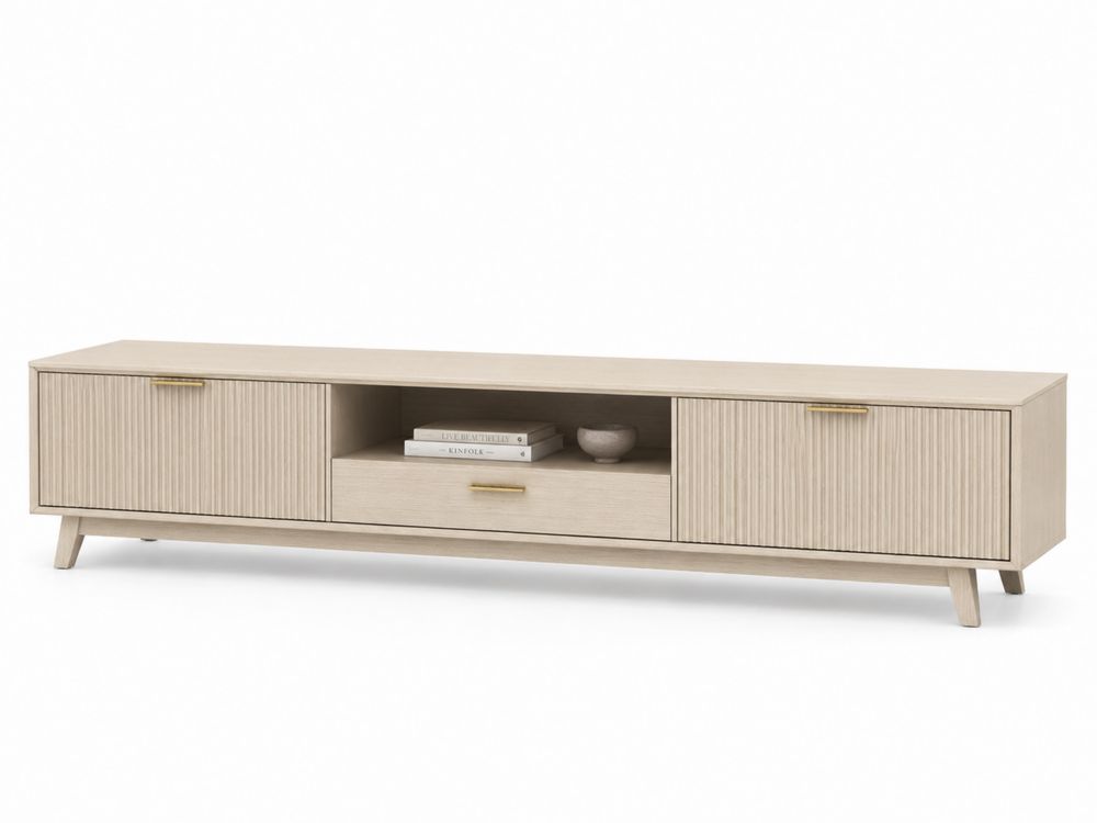 Meuble TV en bois clair avec portes et tiroir 200x40x45 cm