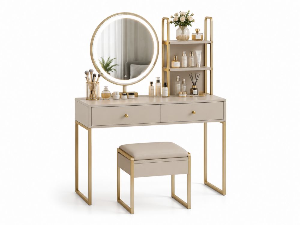 Coiffeuse en Bois et Métal Doré avec Miroir Rond et Tabouret