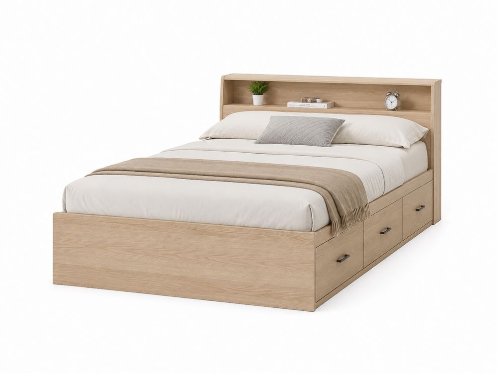 Lit double en bois avec rangement intégré en chêne clair 200x160 cm