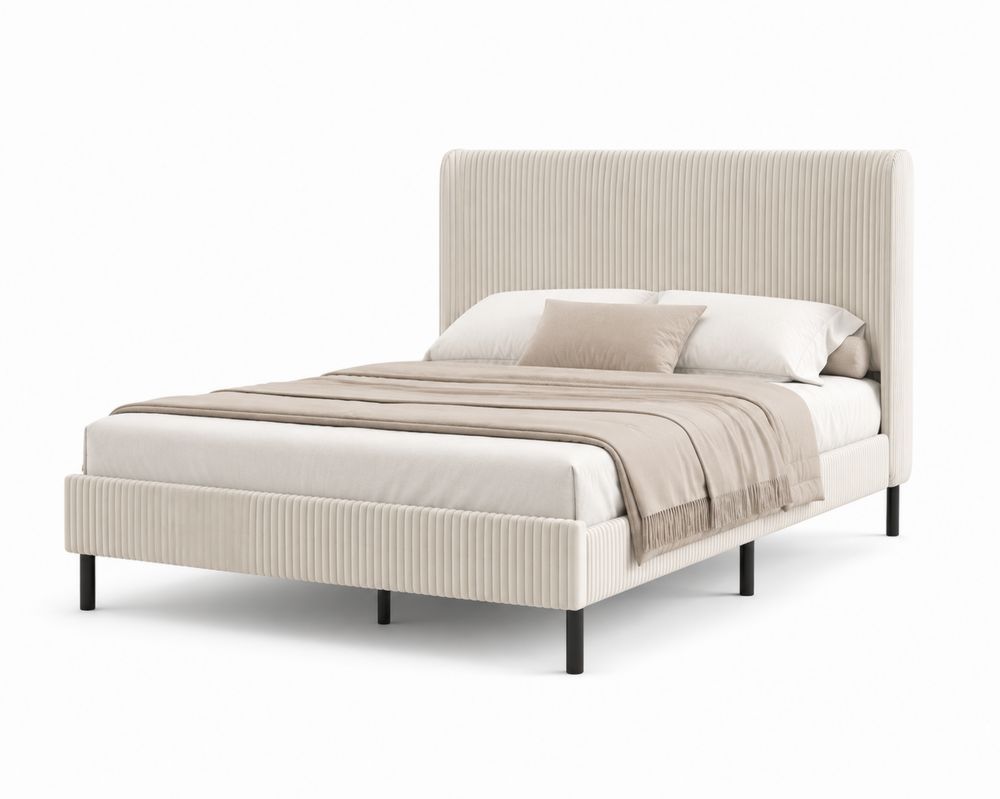 Lit double en velours côtelé beige