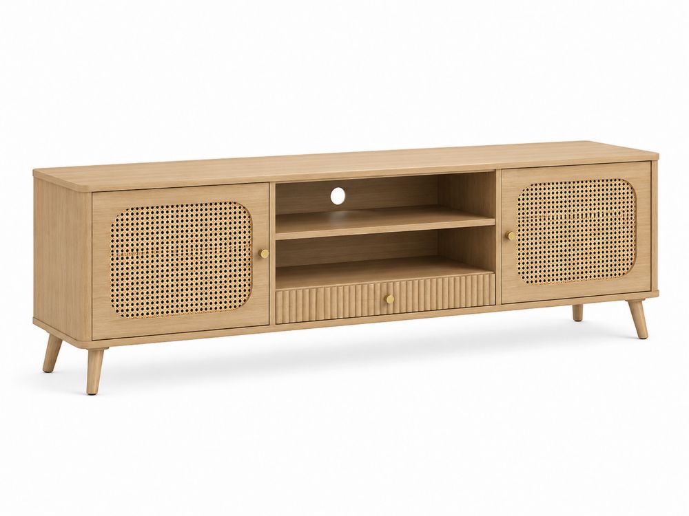 Meuble TV en bois avec portes en cannage de rotin 180 cm