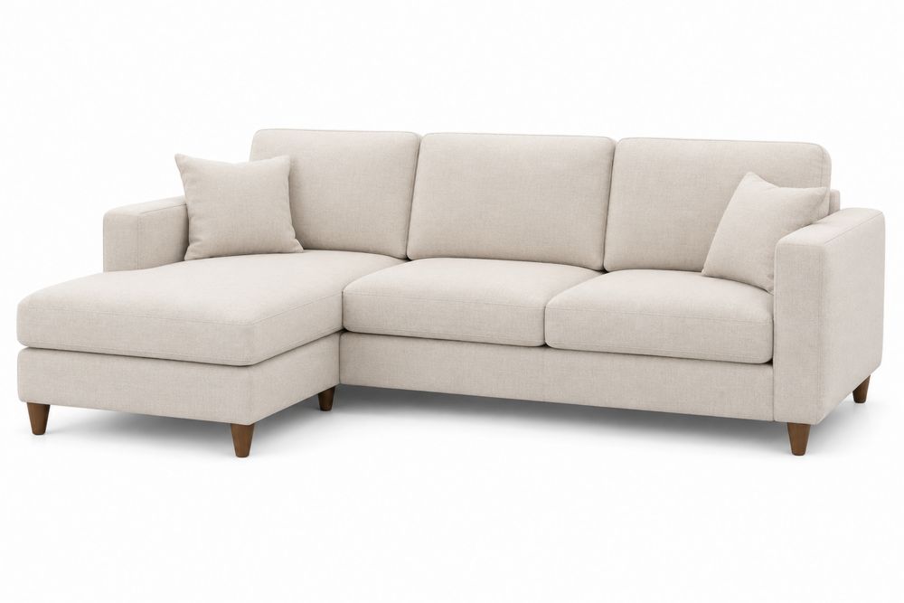 Canapé d'angle en tissu beige avec pieds en bois