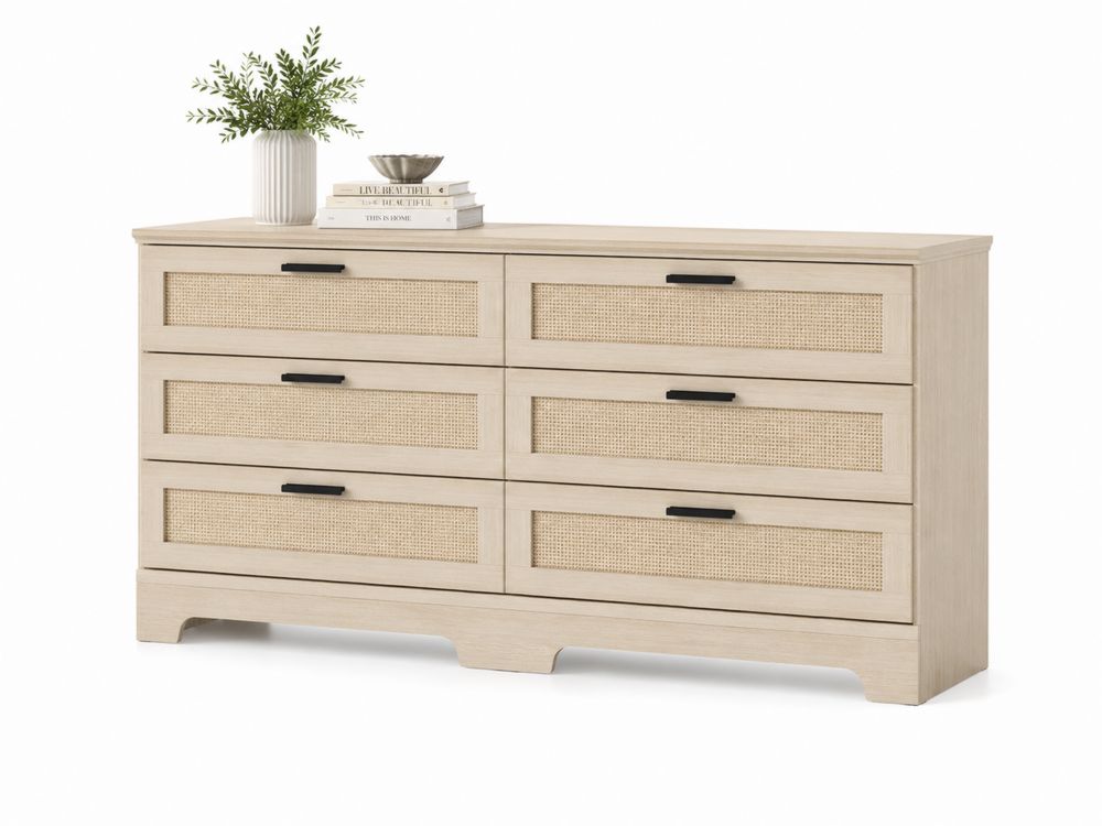 Commode 6 tiroirs en bois et rotin