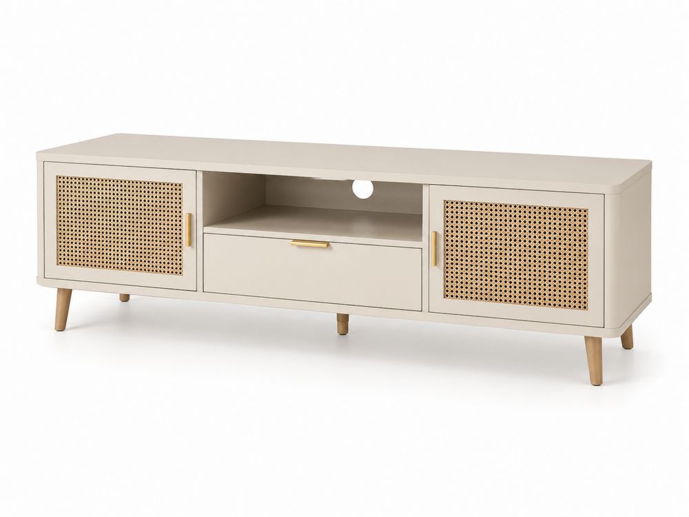Meuble TV en bois et rotin avec portes et tiroir Beige
