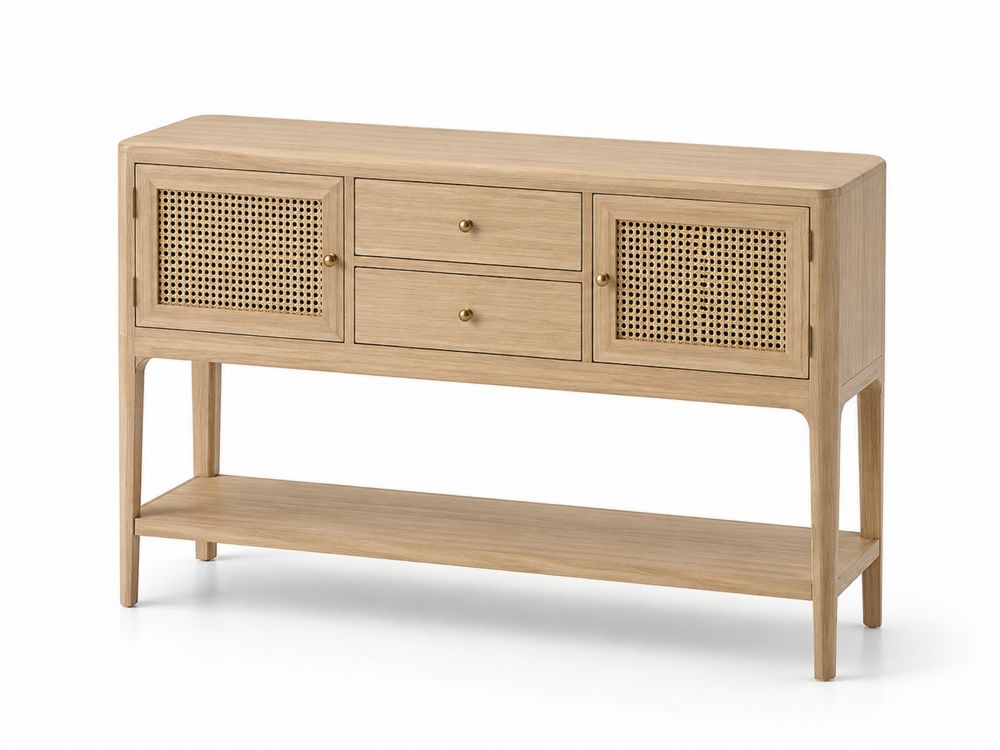 Console en bois avec portes en rotin et tiroirs