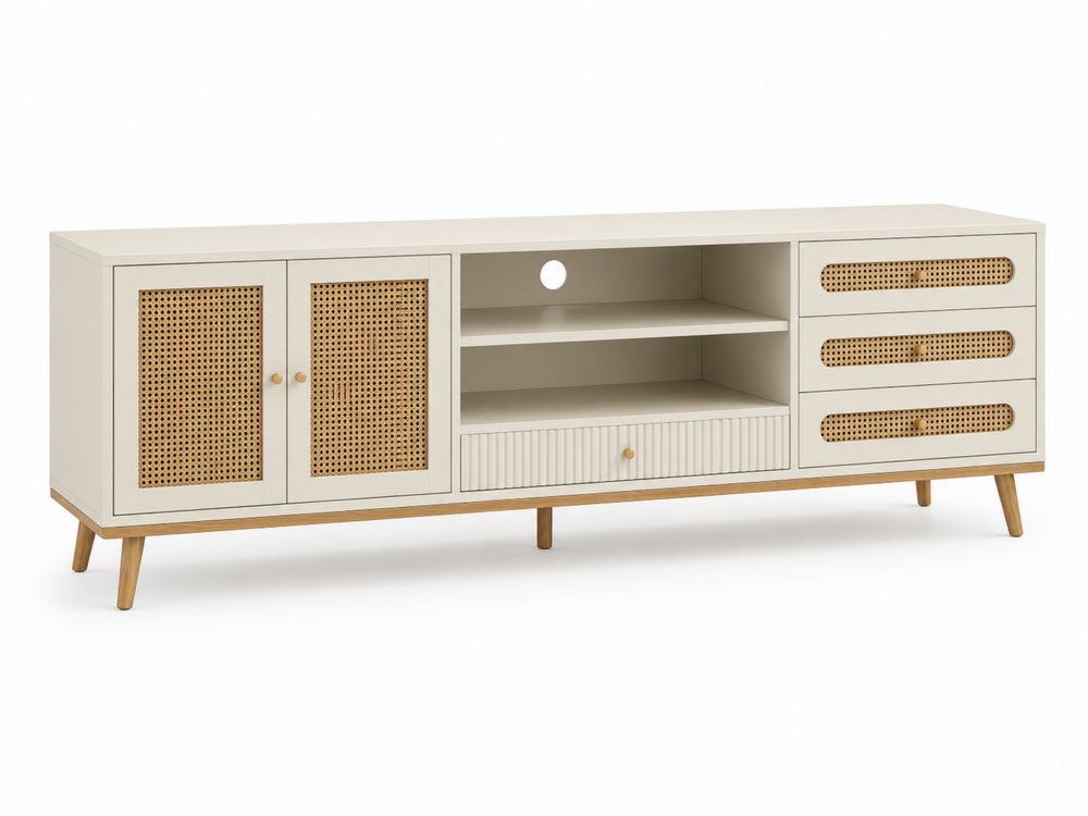 Meuble TV Buffet en MDF et Rotin Blanc