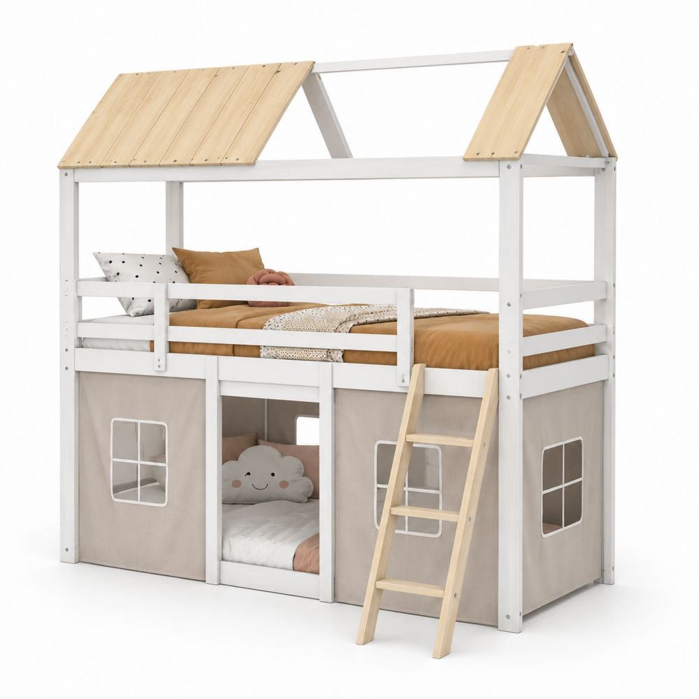 Lit cabane mezzanine en bois de pin et tissu avec échelle