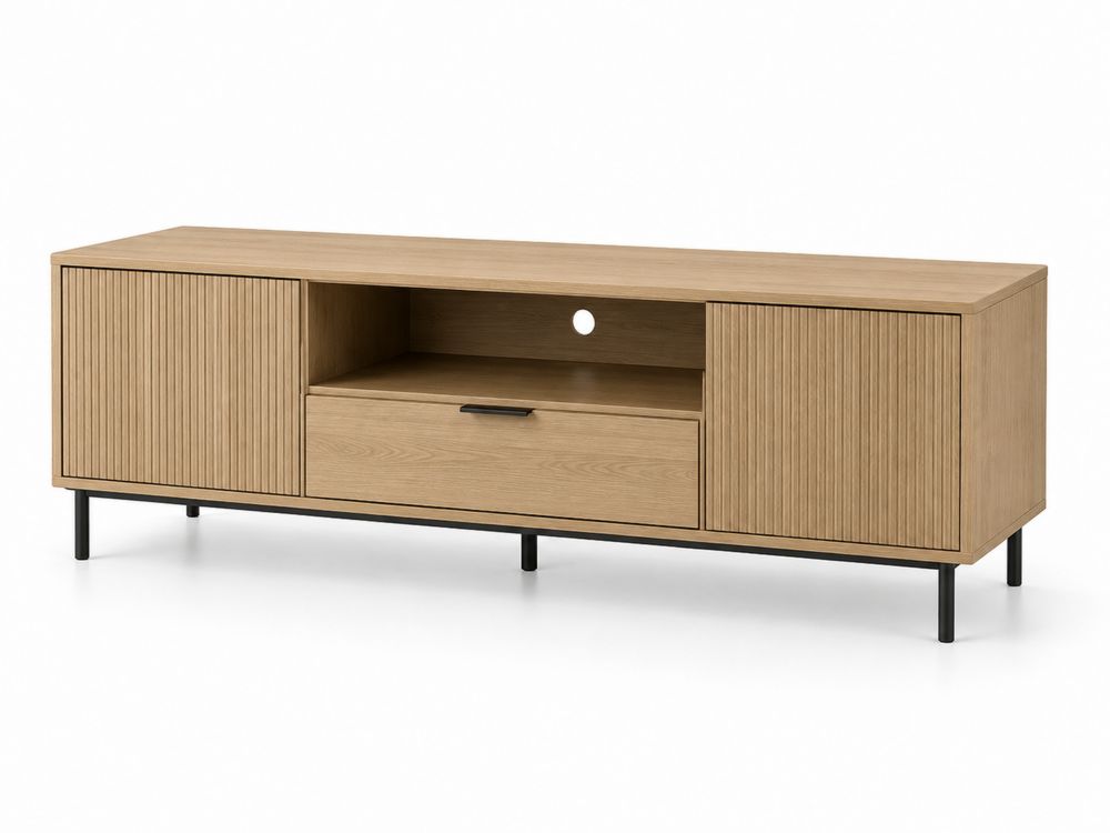 Meuble TV en bois avec portes et tiroir, chêne clair, 150x40x50cm