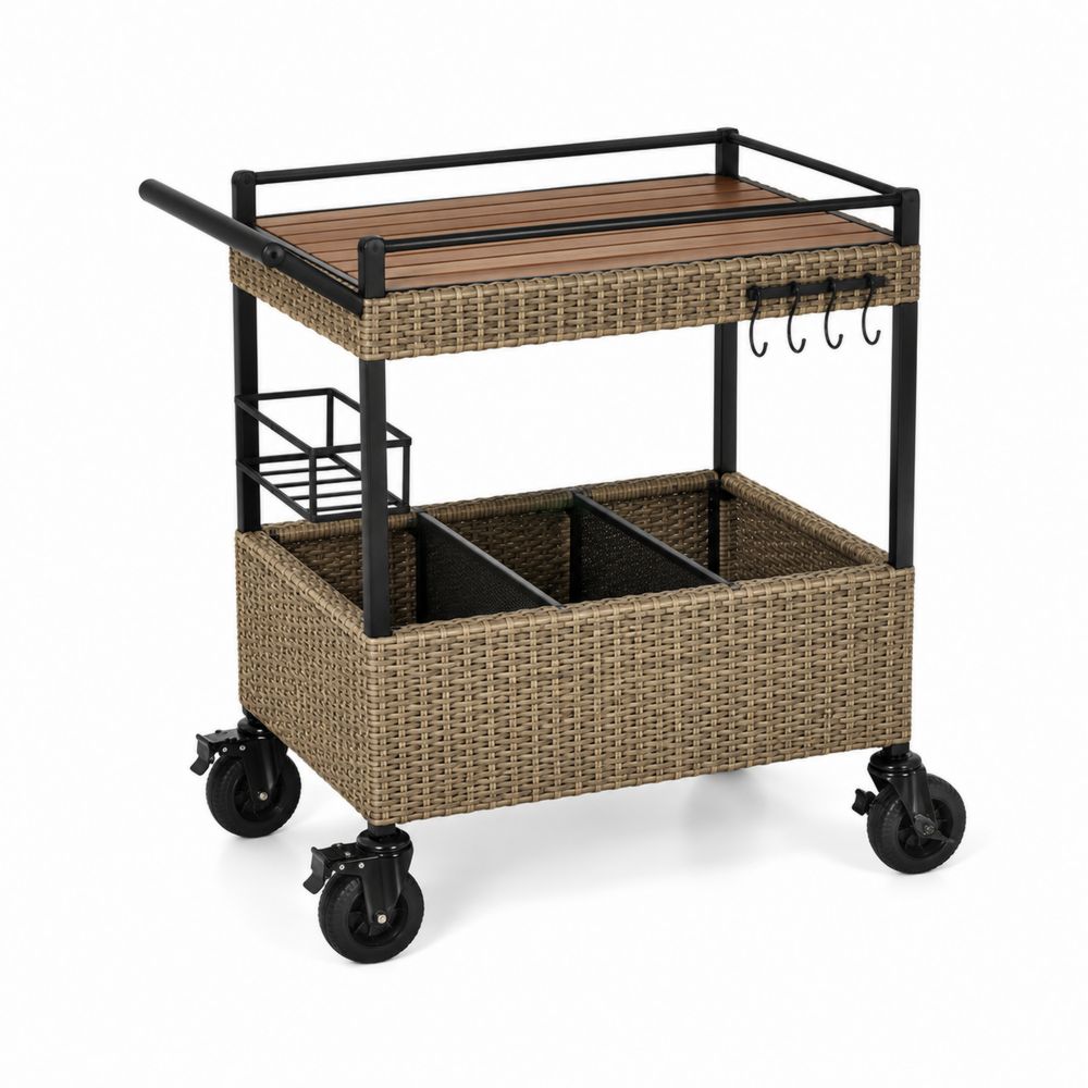 Chariot de service en rotin synthétique avec plateau en bois et structure en acier 90x50x85cm