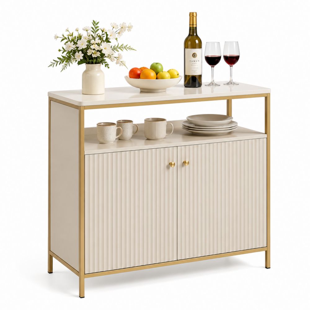 Buffet de Cuisine en Bois MDF et Métal Doré, 90x35x85 cm, Crème