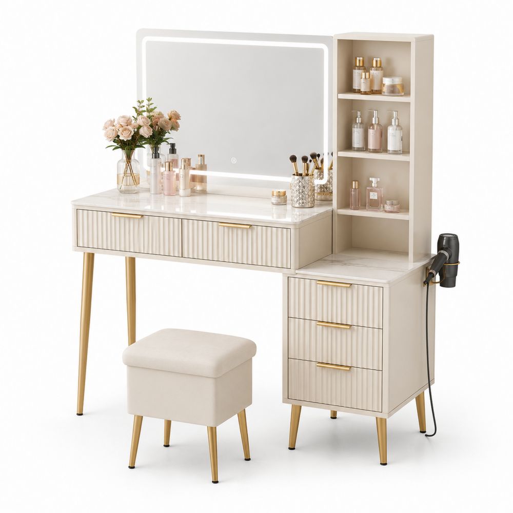 Coiffeuse en Bois et Métal avec Miroir LED, Beige