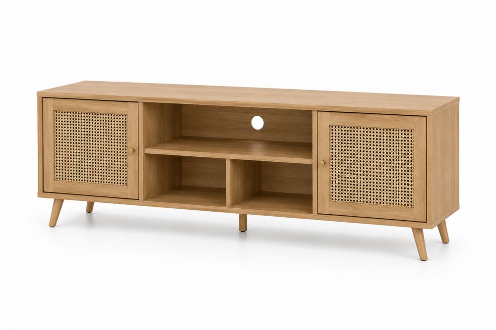 Meuble TV en bois avec portes en rotin 150x40x50 cm