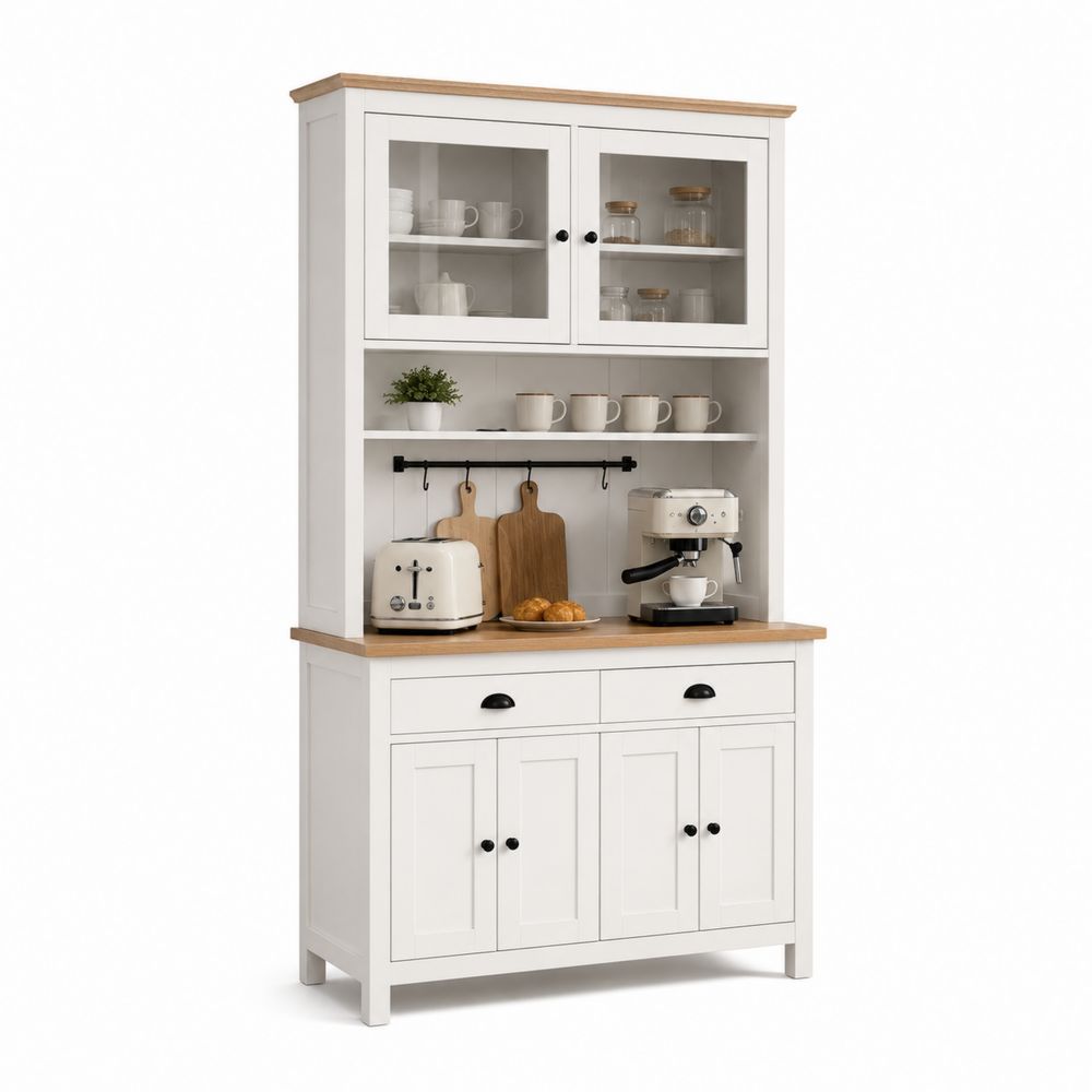 Buffet de cuisine en bois avec étagères vitrées