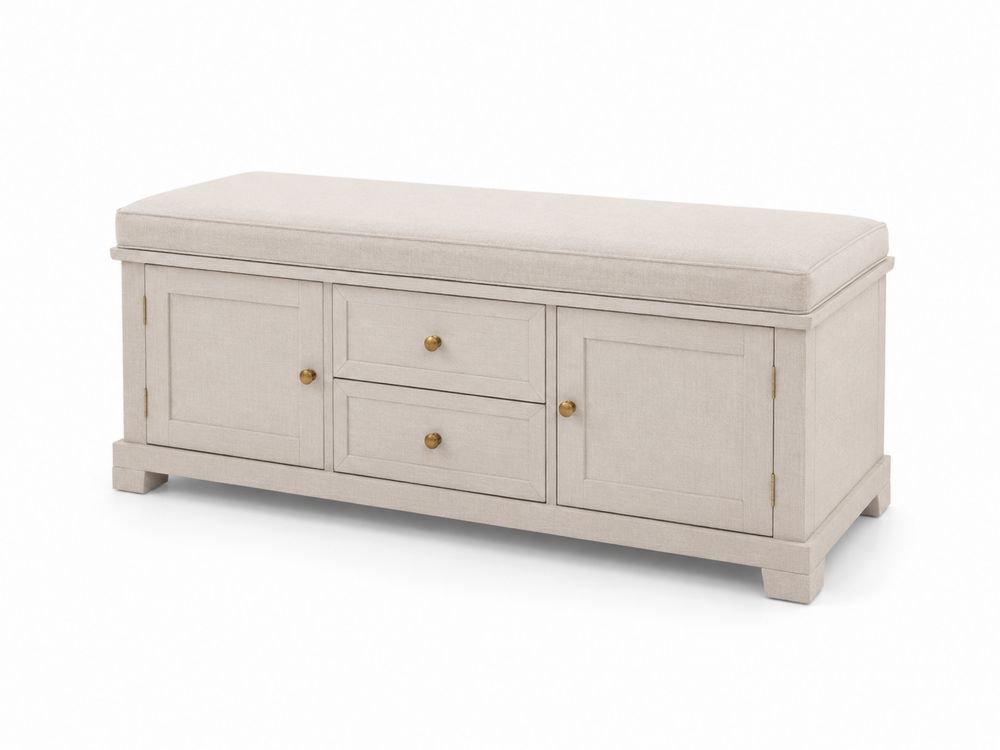 Banc de rangement en bois et tissu coton Beige 120x40x48 cm