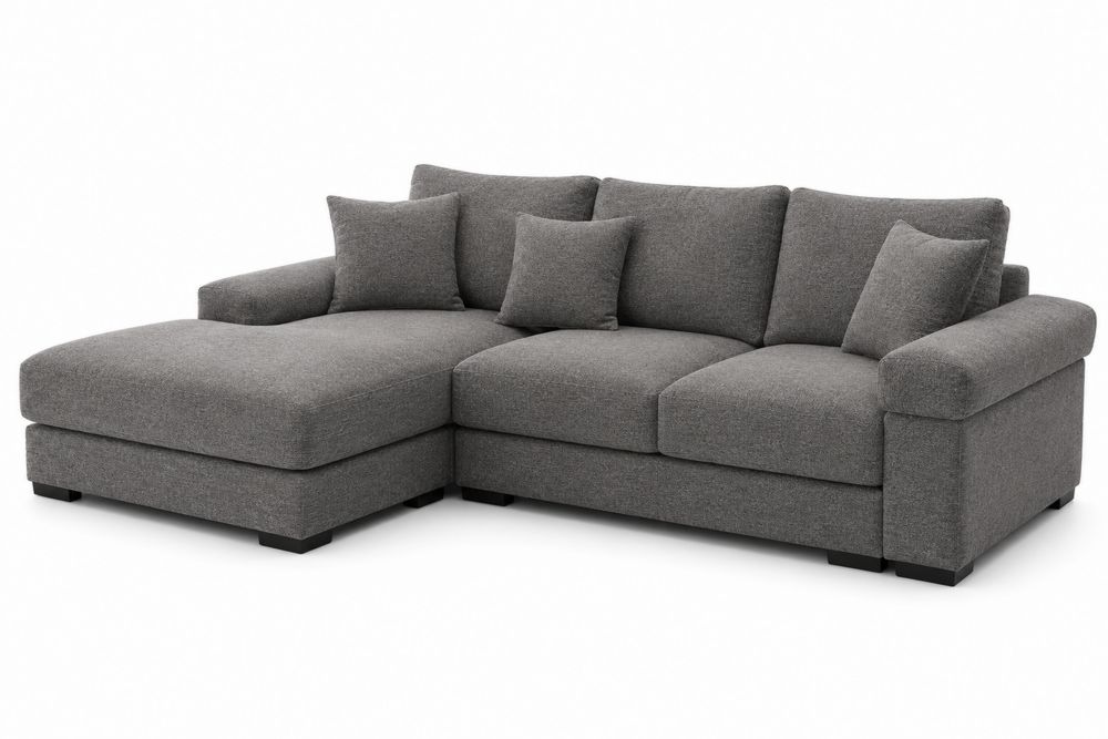 Canapé d'angle en tissu gris trois places avec méridienne