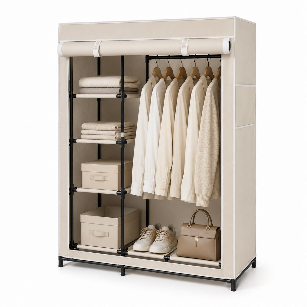 Armoire portable en métal et tissu beige 120 cm