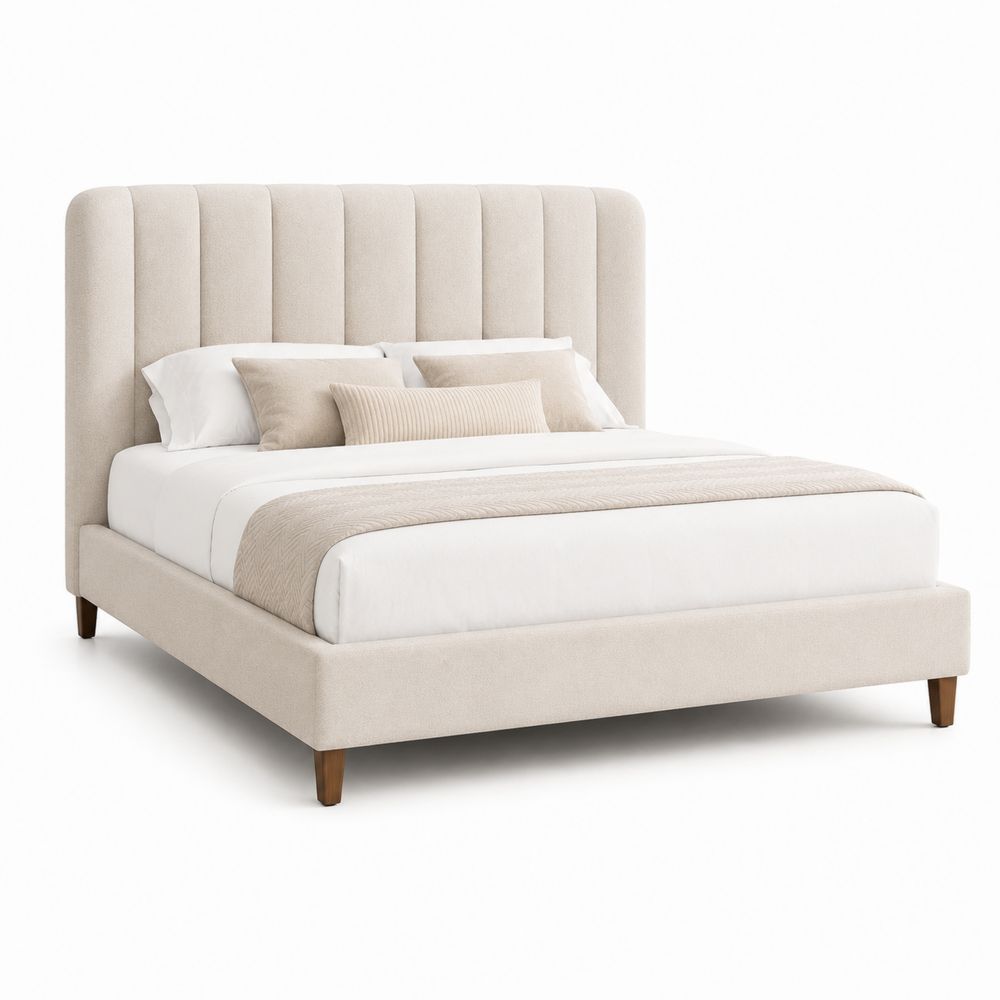 Lit double en tissu polyester Beige avec cadre en bois