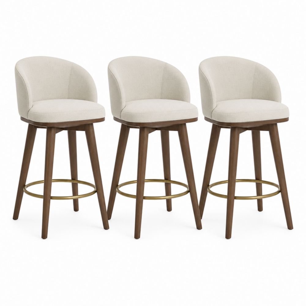 Ensemble de 3 tabourets de bar en tissu beige avec pieds en bois et anneau métallique