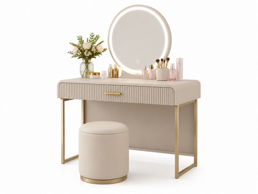Coiffeuse en Bois et Métal Crème avec Miroir Rond Lumineux