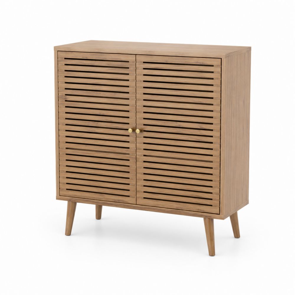 Armoire de rangement en bois à portes lattes en chêne